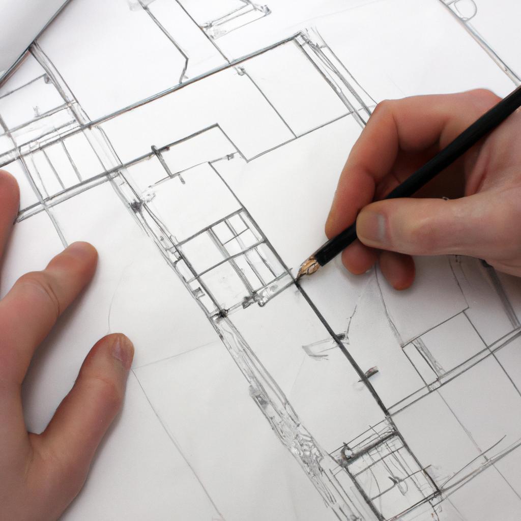 Person working on architectural blueprint