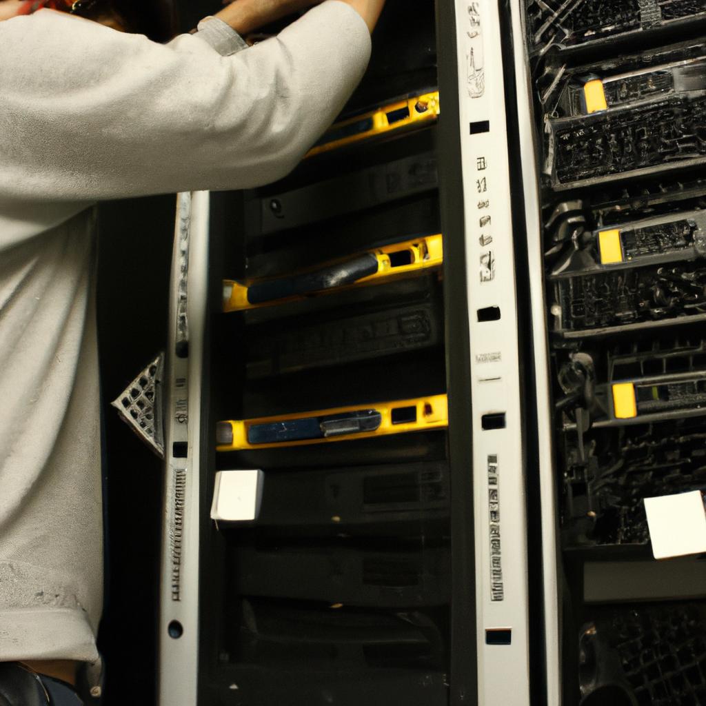 Person working on computer servers
